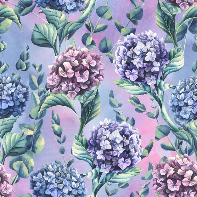 Fiori di ortensia di fiori blu lilla e rosa con rami di eucalipto su uno sfondo di lavaggi Illustrazione ad acquerello Motivo senza cuciture della collezione WEDDING FLOWERS Per il design decorativo