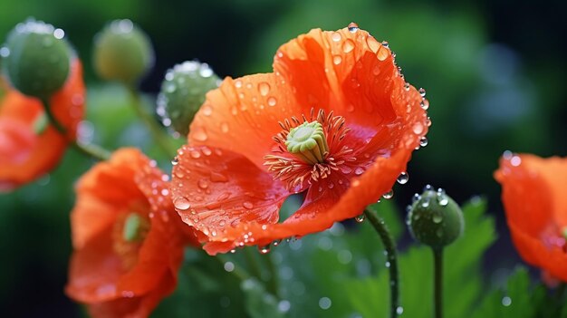 fiori di papavero con gocce d'acqua di rugiada mattutina su api e farfalle selvatiche