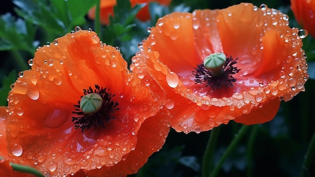 fiori di papavero con gocce d'acqua di rugiada mattutina su api e farfalle selvatiche