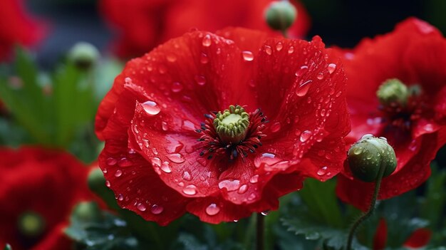 fiori di papavero con gocce d'acqua di rugiada mattutina su api e farfalle selvatiche