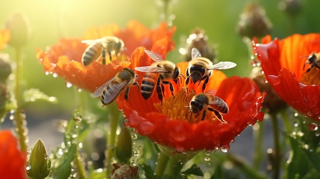 fiori di papavero con gocce d'acqua di rugiada mattutina su api e farfalle selvatiche