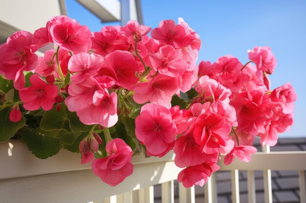 Fiori di pelargonium rosa che crescono sul balcone