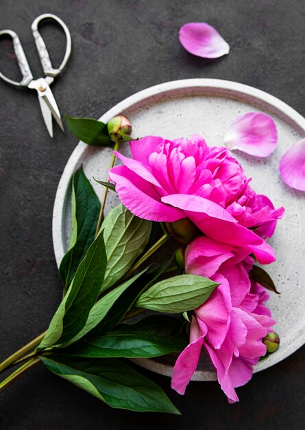 Fiori di peonia rosa fresca su un piatto di cemento con spazio di copia su superficie nera piatta