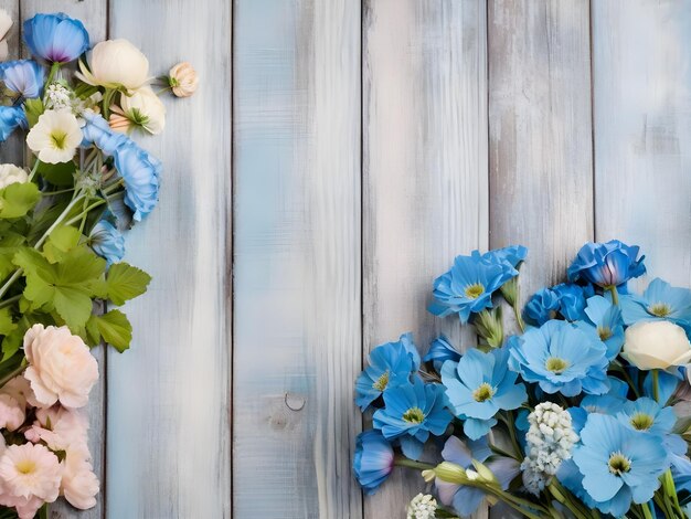 Fiori di peonia rosa su uno sfondo blu in legno vintage Spazio di copia