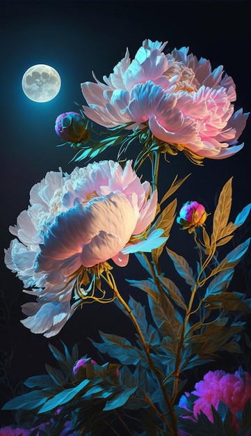 Fiori di peonie con una luna piena sullo sfondo ai generativa