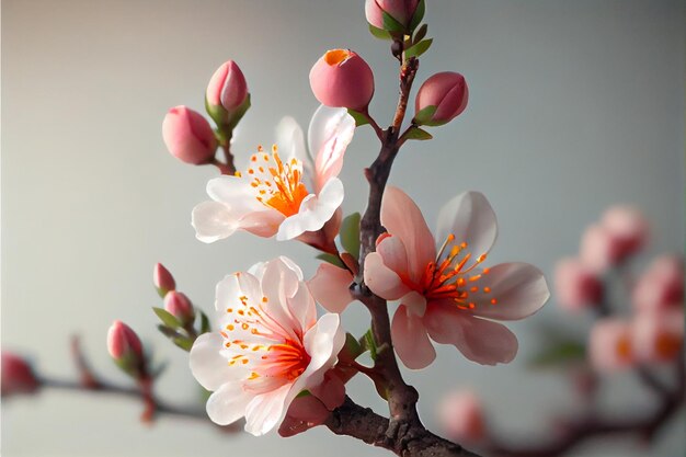 Fiori di pesco rosa che sbocciano sull'albero di pesco sullo sfondo generato dall'IA