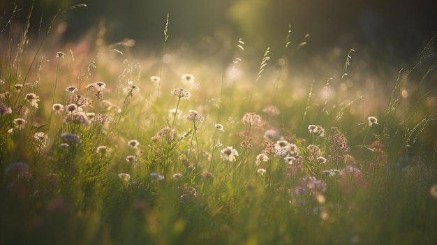 Fiori di prato e erba alla luce del sole naturale sfondo estivo da vicino