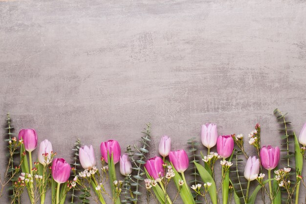 Fiori di primavera, biglietto di auguri di San Valentino, fiori di colore pastello su sfondo grigio.