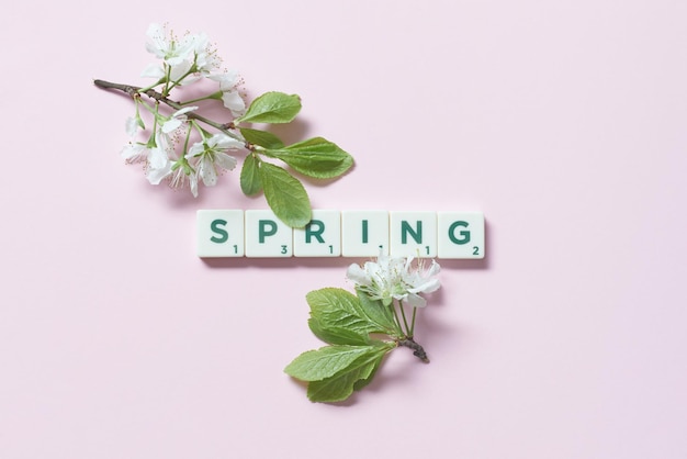 Fiori di primavera con piastrelle scrabble su sfondo rosa