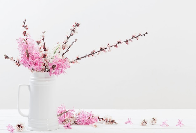 Fiori di Primavera in vaso su sfondo bianco