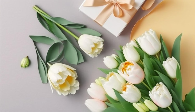 Fiori di primavera Sfondo del giorno della donna Bouquet di tulipani bianchi e ping Presente regalo per la mamma