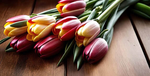 Fiori di primavera tulipani banner spazio di copia su tavolo di legno sfondo rosa rosso giallo bouquet mentire