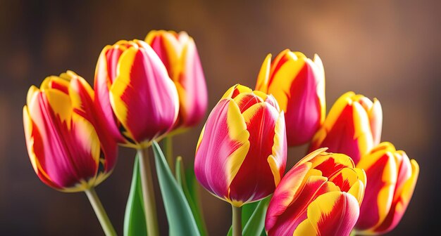 Fiori di primavera tulipani banner spazio di copia su tavolo di legno sfondo rosa rosso giallo bouquet mentire