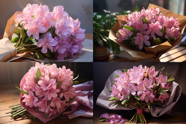 Fiori di rododendro realistici in un bouquet nella confezione