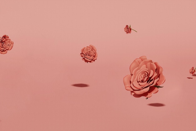 Fiori di rosa che galleggiano su sfondo rosa. rendering 3d