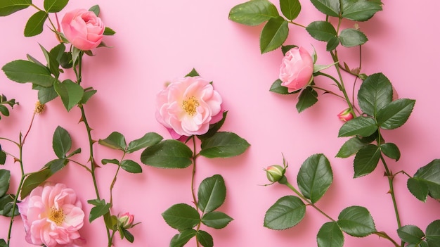 Fiori di rosa con foglie verdi su uno sfondo rosa