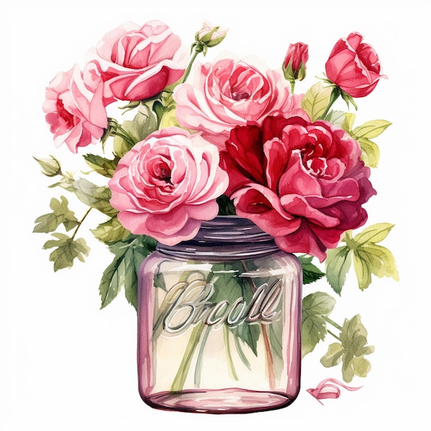 Fiori di rosa in vaso Acquarello Clipart