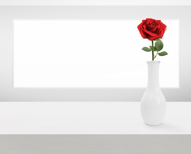 Fiori di rosa rossa in vaso su tavola di legno bianca con spazio per la copia