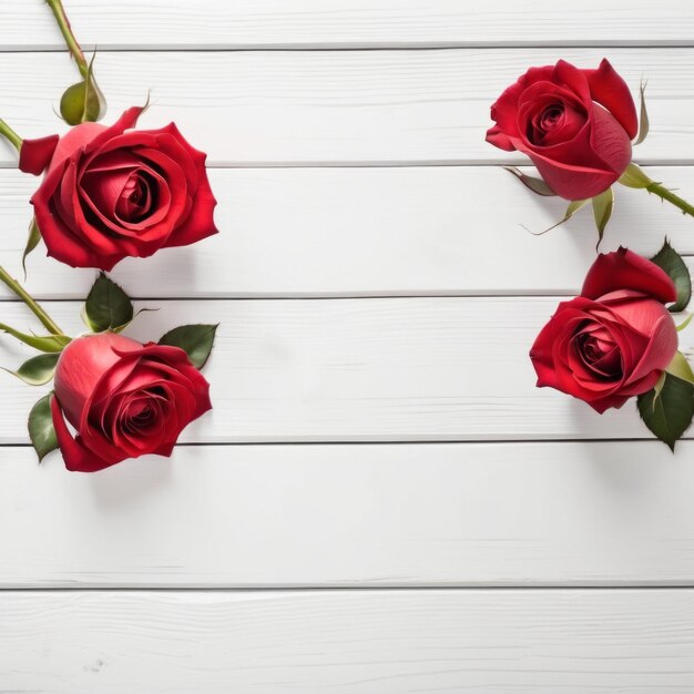 Fiori di rosa rossa su sfondo di legno bianco Cartolina di auguri romantica per il giorno di San Valentino