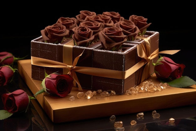 Fiori di rose con una scatola di caramelle al cioccolato Illustrazione di intelligenza artificiale generativa