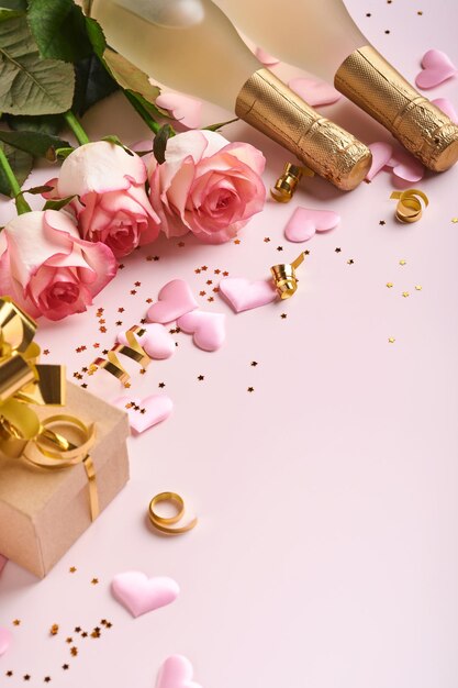 Fiori di rose rosa, champagne, regalo, nastri dorati e cuori rossi di coriandoli su sfondo rosa. Vista dall'alto piatto con spazio per i tuoi saluti. Sfondo di San Valentino e biglietto di auguri.
