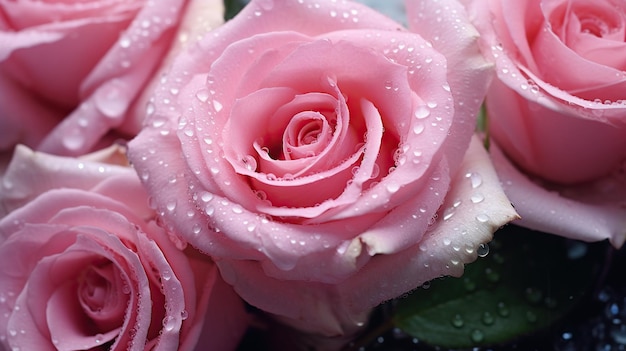 Fiori di rose rosa con sfondo gocce Primo piano di fiori con goccioline scintillanti AI generativa