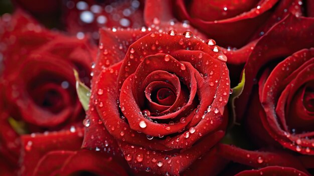 Fiori di rose rosse con sfondo gocce Primo piano di fiori con goccioline scintillanti AI generativa
