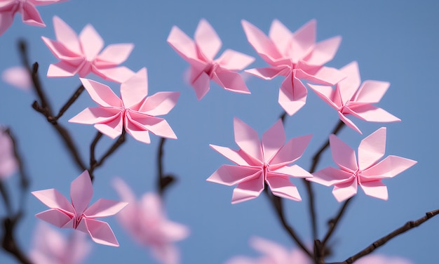 Fiori di sakura origami, fiori di sakura di carta su un albero nei toni del rosa