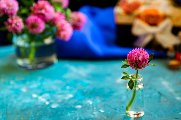 Fiori di trifoglio rosa sul tavolo con sfondo blu