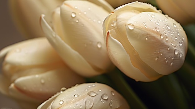 Fiori di tulipani cremosi con sfondo di gocce d'acqua Primo piano di fiori con goccioline AI generativa