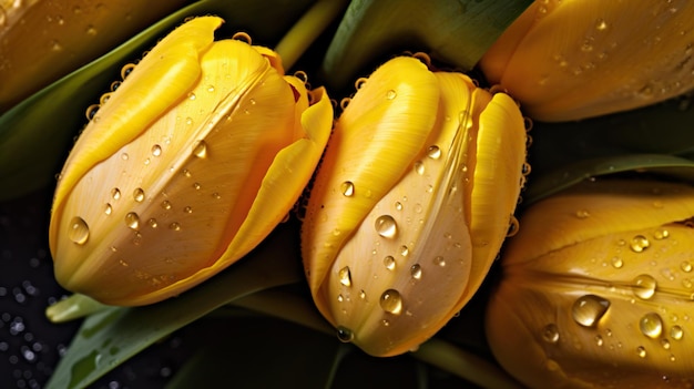 Fiori di tulipani gialli con sfondo di gocce d'acqua Primo piano di fiori con goccioline AI generativa