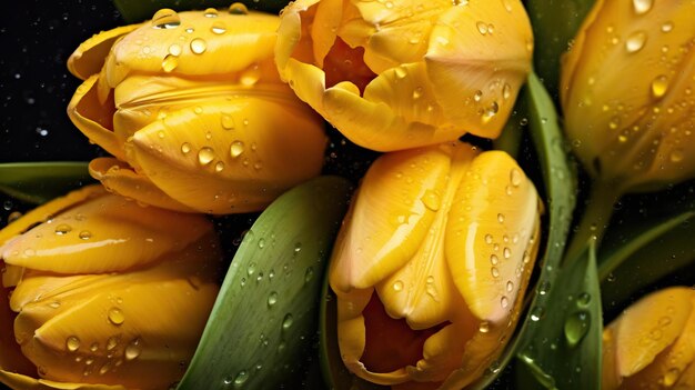 Fiori di tulipani gialli con sfondo di gocce d'acqua Primo piano di fiori con goccioline AI generativa