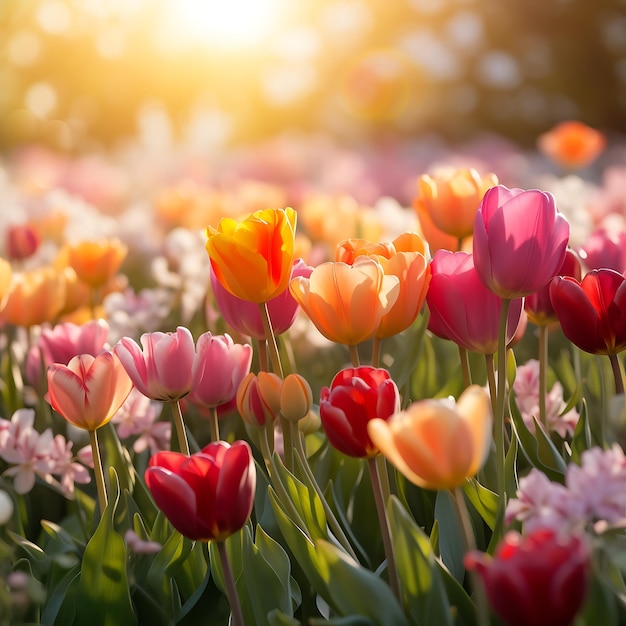 Fiori di tulipano che fioriscono nel giardino sullo sfondo della natura primaverile