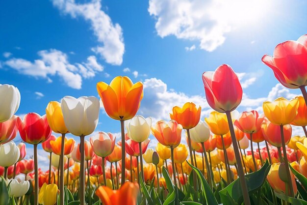 Fiori di tulipano colorati in un campo sotto un cielo blu con nuvole tulipani rossi e gialli.