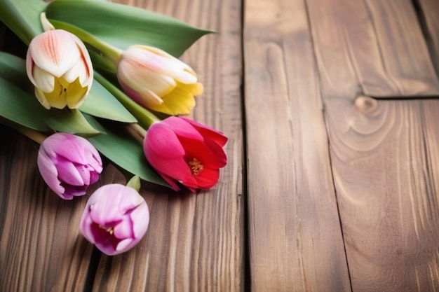 Fiori di tulipano e piccole erbe su sfondo di legno con spazio di copia il fascino dell'amore incontra il fiore