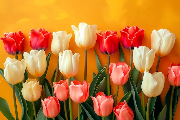 Fiori di tulipano freschi primaverili come carta postale di vacanza con sfondo colorato con spazio per il testo
