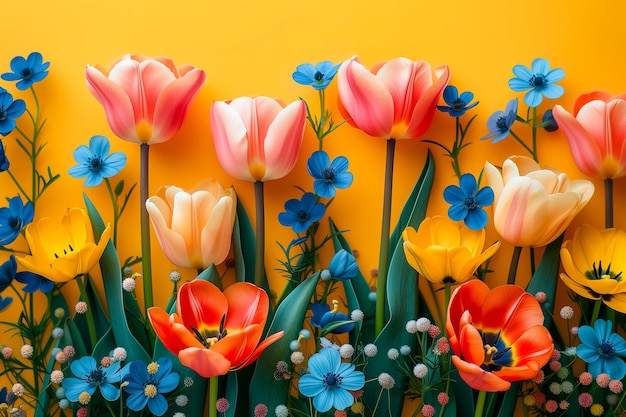 Fiori di tulipano freschi primaverili come carta postale di vacanza con sfondo colorato con spazio per il testo