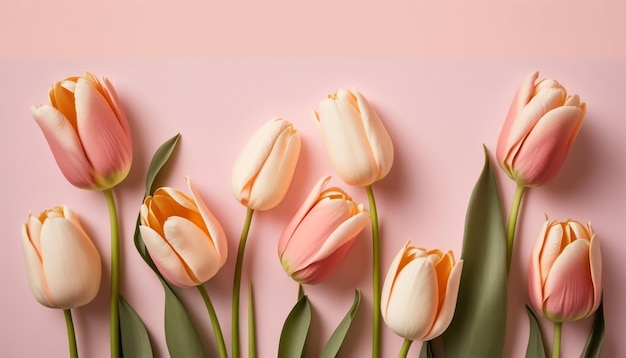 Fiori di tulipano primaverile su sfondo rosa vista dall'alto in stile piatto