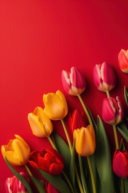 Fiori di tulipano primaverile su sfondo rosso vista dall'alto in stile piatto Saluto per il giorno delle donne o delle madri o Banner di vendita di primavera Ai generativo