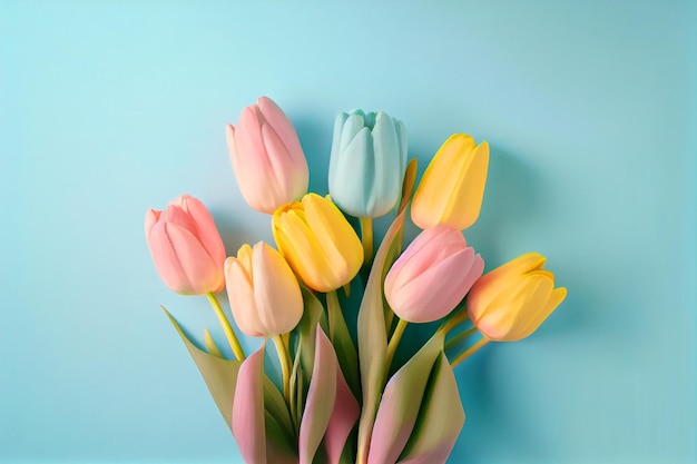 Fiori di tulipano primaverili su sfondo blu vista dall'alto in stile piatto Saluto per il giorno delle donne o delle madri o Banner di vendita di primavera Ai generativo