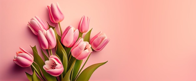 Fiori di tulipano primaverili su sfondo rosa vista dall'alto in stile piatto Saluto per il giorno delle donne o delle madri o Banner di vendita di primavera Ai generativo