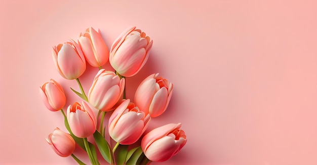 Fiori di tulipano primaverili su sfondo rosa vista dall'alto in stile piatto Saluto per il giorno delle donne o delle madri o Banner di vendita di primavera Ai generativo