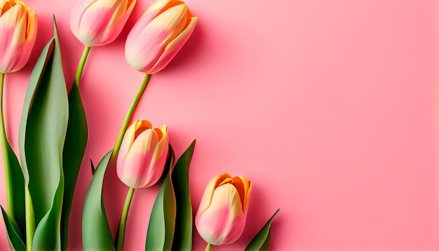 Fiori di tulipano primaverili su sfondo rosa vista dall'alto in stile piatto Saluto per il giorno delle donne o delle madri o Banner di vendita di primavera Ai generativo