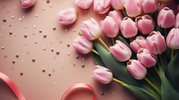 fiori di tulipano rosa e tulipano su sfondo rosaai generativo