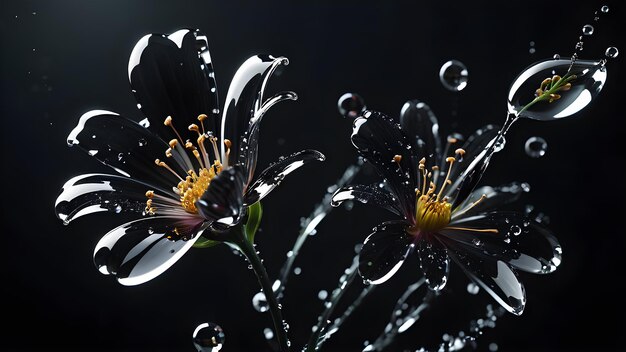 fiori di vetro trasparenti spruzzati su uno sfondo nero umido immagine generata dall'AI sfondo floreale in natura sulle montagne immagine generato dall'AI