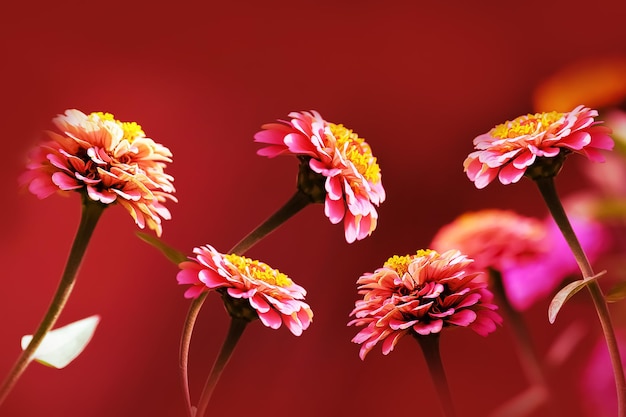 Fiori di zinnia rosa su sfondo rosso brillante