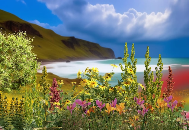 fiori e alberi selvatici cielo blu luce del sole e montagna sul fronte acqua di mare mare bellissimo paesaggio marino