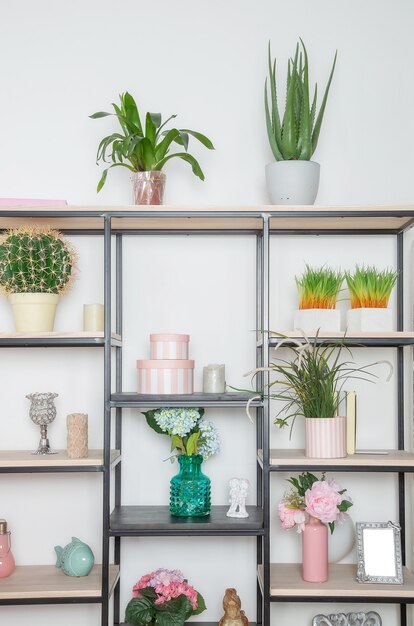 Fiori e decorazioni decorative su un rack di metallo nello stile del minimalismo nel soggiorno in stile scandinavo