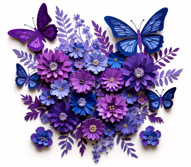 Fiori e farfalle viola e blu sono disposti in un bouquet ai generativo