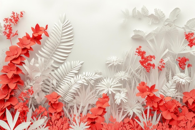 Fiori e foglie di carta rossa e bianca su uno sfondo bianco